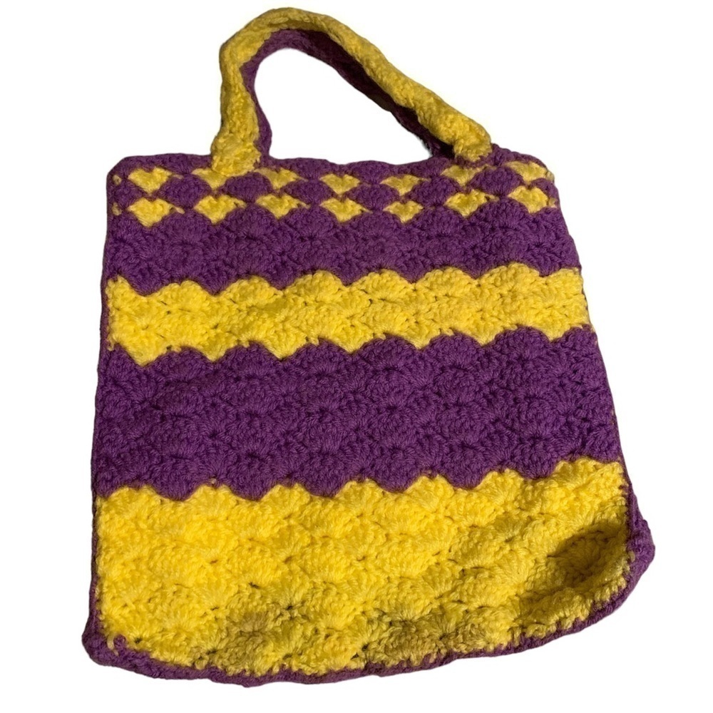 Handmade vintage knitted afghans crochet purse LSU colors  go Tigers